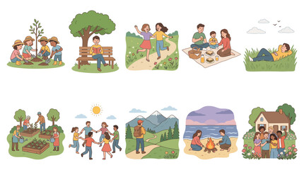 Naklejka premium Set of cartoon people enjoying various outdoor activities in nature.