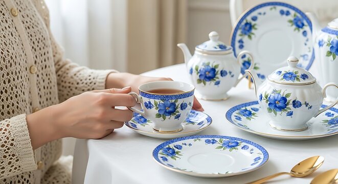 Elegant Blue and White Porcelain Tea Set for Serve.