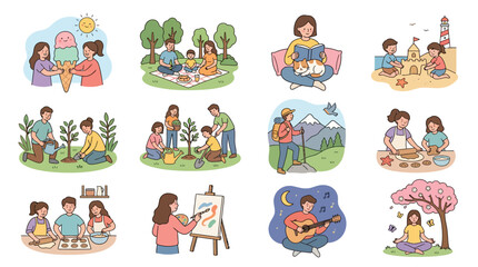 Fototapeta premium Set of illustrations depicting diverse family and social activities in daily life.