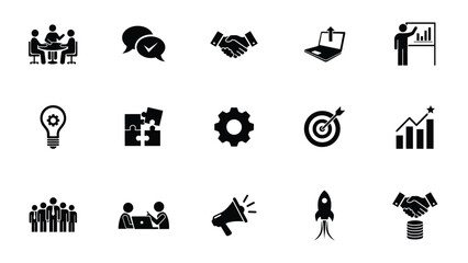 Fototapeta premium Modern minimalist business and teamwork concept icons set with flat design style with monochromatic collection fourteen high level icons with collaboration communication innovation