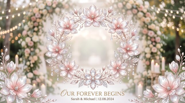 Enchanting wedding floral wreath background featuring soft pink flowers and glowing bokeh lights background romantic celebration backdrop invitation beautiful atmosphere decoration botanical