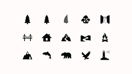 Obraz premium Minimalist black and white icon set with wildlife alongside architectural symbols such bridges modern silhouette style against neutral background