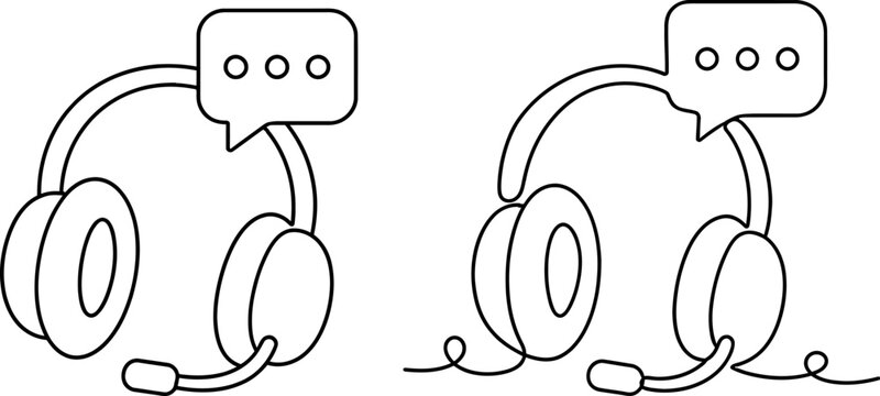 Minimalist one line drawing customer support headset with chat bubble vector icon