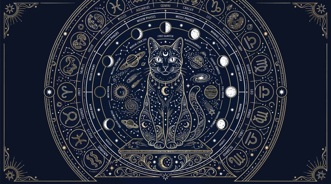 Astrological cat illustration with zodiac signs and moon phases in gold on a dark blue background, showcasing celestial elements and mystical symbols in intricate design.