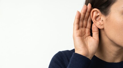 Fototapeta premium Person Holding Hand to Ear to Listen Carefully and Focus on Hearing Sounds or a Conversation