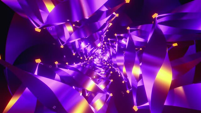 Hypnotic seamless loop of a futuristic organic tunnel. Abstract digital vortex made of twisting sharp petals, crystalline needles and particles, creating deep perspective for space tech backgrounds.