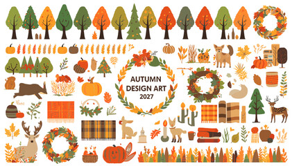 A comprehensive collection of autumn design art elements including trees, animals, pumpkins, leaves, and decorative wreaths for fall-themed projects. © ktb