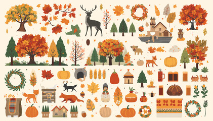 A comprehensive collection of autumn-themed pixel art elements featuring trees, leaves, pumpkins, animals, houses, and fall decorations. © ktb