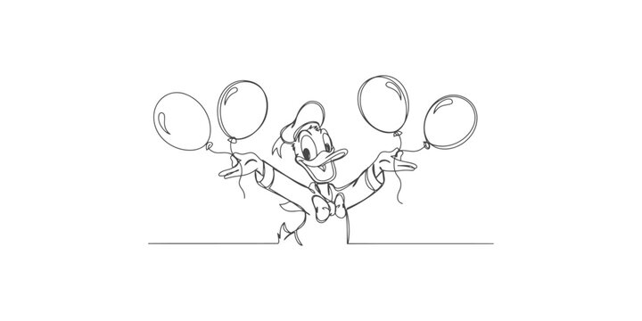 Happy donald duck cartoon character holding four floating balloons in a simple black and white line art drawing style for coloring pages
