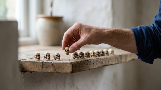 Hand placing small skull figurine on wooden shelf, memento mori concept, stoic philosophy symbolism, miniature human skull collection, mortality and life reflection