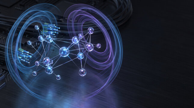 Glowing blue molecules connect in a dark science lab environment viewed closely
