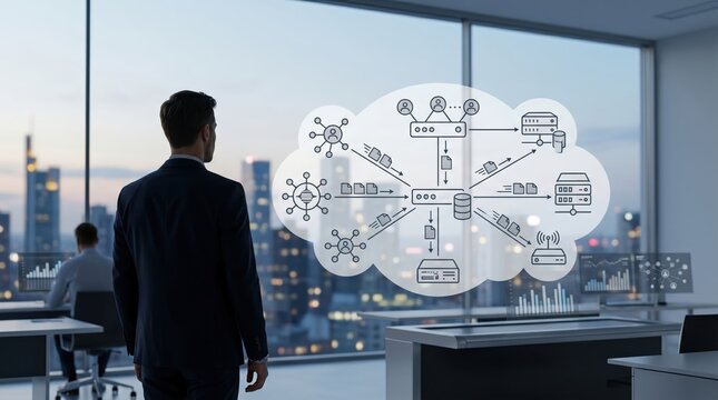 Executive looking at cloud computing network diagram in modern office, server storage and data transfer concept, business technology infrastructure and connectivity visualization