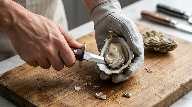 Chef shucking fresh oyster with knife on wooden board