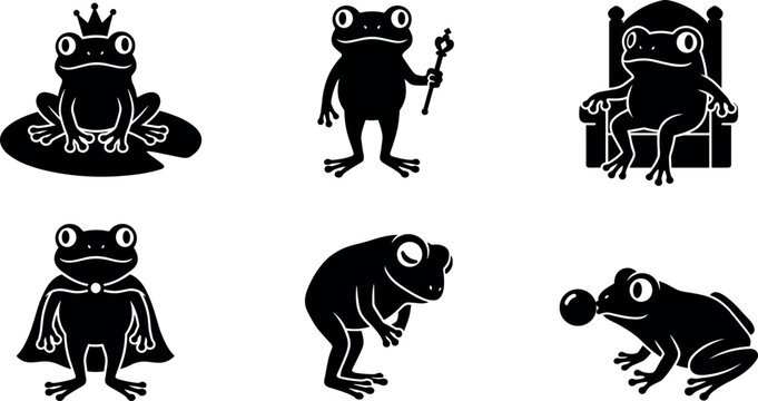 Royal Frog Prince Silhouette Vector Icon Set Featuring Crowns Scepters Thrones Capes and Bowing Poses for Fairytale Storybook Graphic Designs