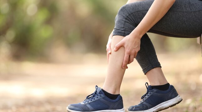 Runner Feeling Pain in Calf Muscle Sitting Outdoors with Nature Background