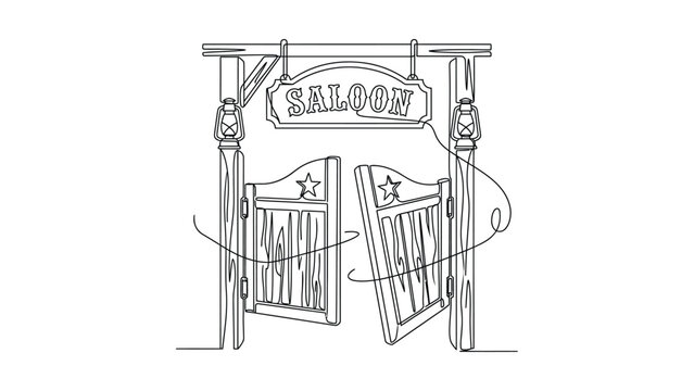 Continuous line drawing of a classic Western saloon entrance.