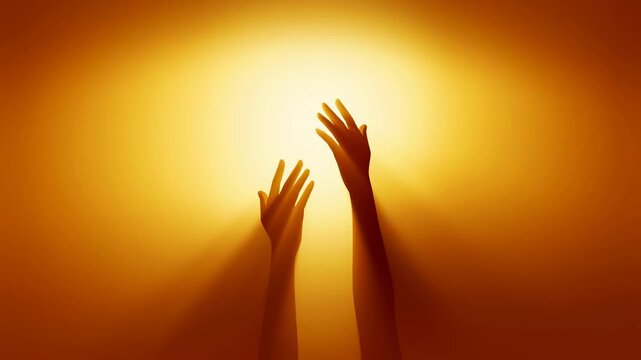 Two silhouetted hands reaching upward into intense warm halo backlight with splayed fingers, layered shadows, soft glow, dramatic contrast, and expressive open gesture