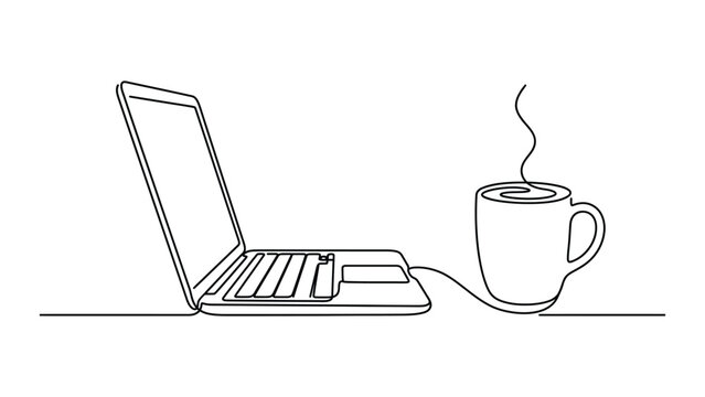 Continuous one line drawing of a laptop and a hot cup of coffee.