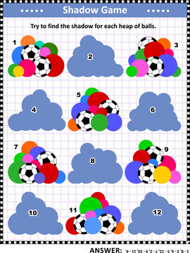 Shadow matching puzzle or game for kids and adults with heaps of football and other colorful balls. Answer included.
