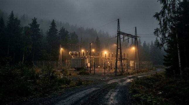 An electrical substation illuminated at night in a dense forest during rainy weather.