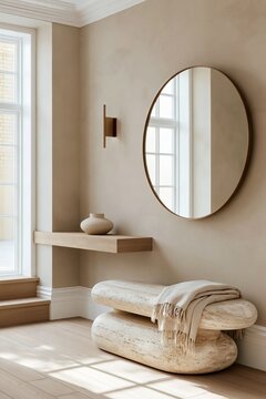 Quiet luxury hallway featuring warm greige limewash walls, a round mirror, and a minimalist shelf with a decorative vase and a textured bench