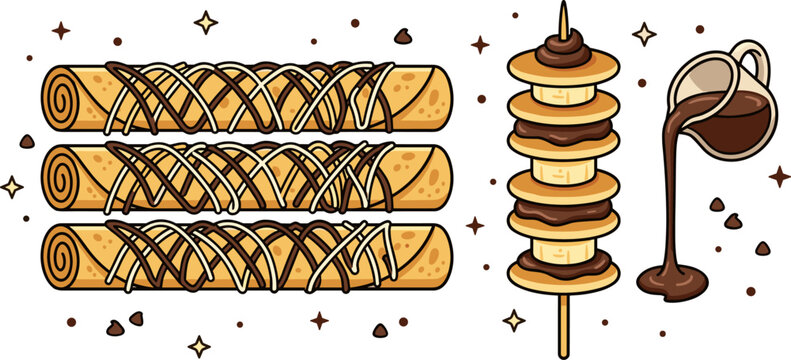 Sweet breakfast desserts vector illustration featuring rolled crepes pancake skewer stick with banana chocolate drizzle and pouring syrup isolated on white background