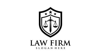 Naklejka premium Minimalist law firm logo design featuring a shield sword and scales of justice.