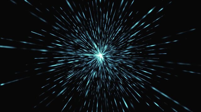 An abstract blue explosion of light with rays and particles spreading out from a bright center on a dark background, creating the effect of a cosmic hyperspace jump and neon energy.