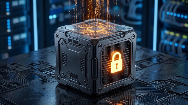 Secure digital vault cube with glowing padlock processing data.
