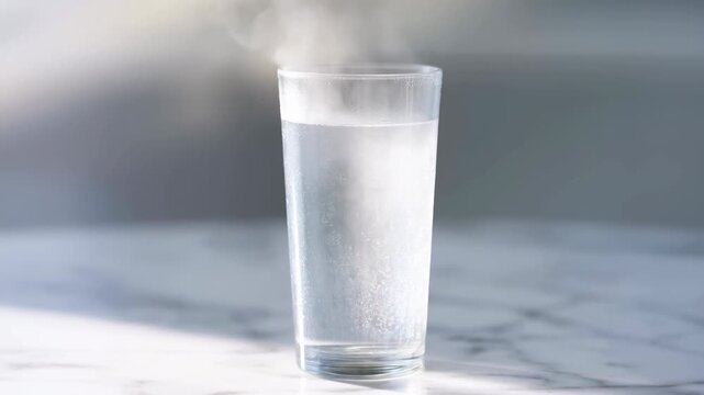 Tall clear glass of cold water with gentle rising vapor and condensation on polished marble countertop in clean minimal setting with soft highlights, cool tones, and refined commercial styling