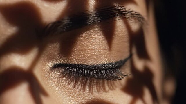 A woman's eye closed with shadows of leaves on her face in a dark room with eyelashes and eyebrows visible
