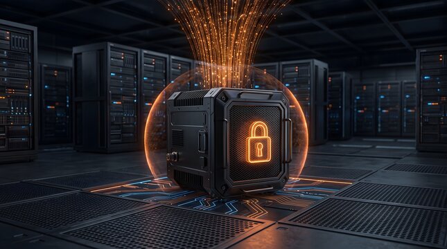 Security cube with padlock inside glowing shield in data center.