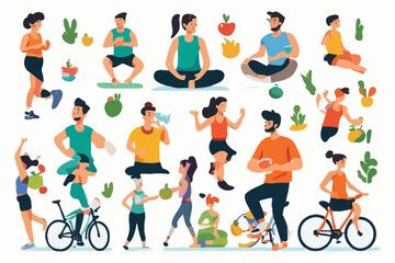 Obraz premium Diverse Group of People Engaging in Healthy Lifestyle Activities Such as Cycling Yoga Exercise and Nutritious Eating Habits