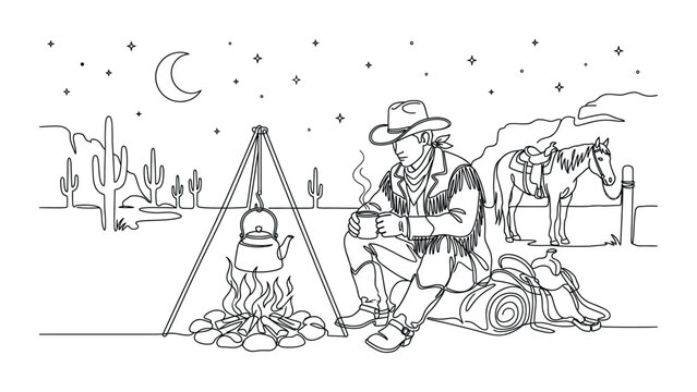 Line art illustration of a cowboy sitting by a campfire at night.