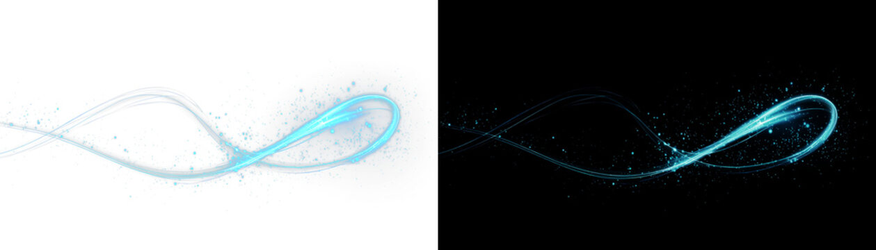 Cinematic minimalist cyan particle swirl effect, Abstract blue neon wave line overlay, twin glowing futuristic cyan infinity loop on black and white background