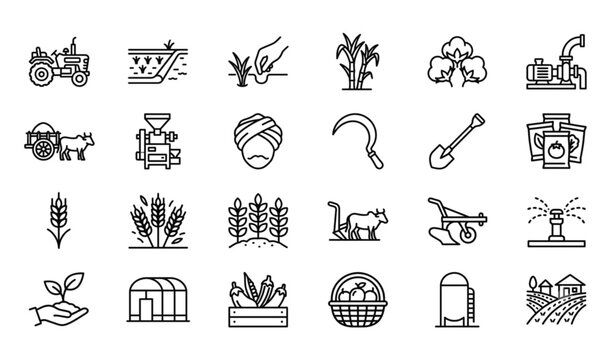 Indian Agriculture Line Icons Set Farming Tools and Crops Vector Collection