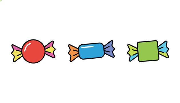 Three colourful sweet candies with different shapes and wrapped packaging isolated on a white background.
