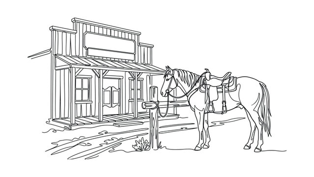 Line art illustration of a saddled horse tied to a post in front of a western saloon building.