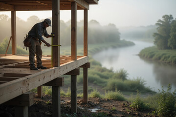 Obraz premium Construction worker measuring wooden beam river, carpenter building house frame sunrise, foggy morning craftsmanship, rural architecture focus safety Extreme weather adaptation concept