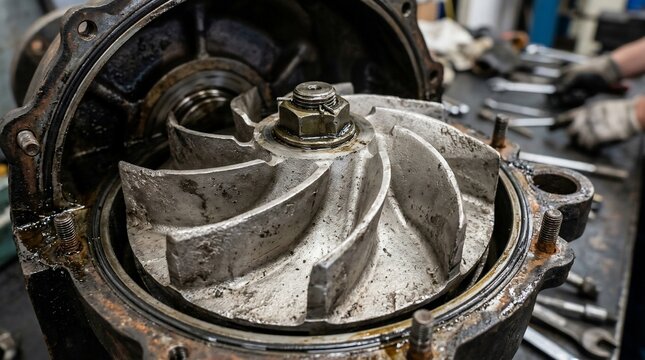 Close up of an industrial water pump impeller being repaired in a workshop.