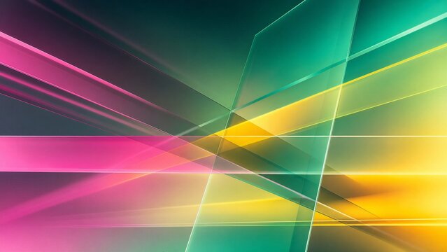 Wide translucent light bars crossing frosted glass sheets to create a 3D parallax depth effect. Saturated mix of magenta, yellow, and mint green with radiant halos