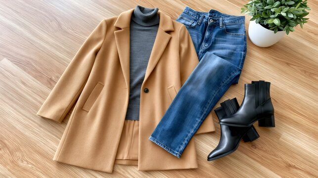 Camel coat, grey turtleneck, jeans, and boots autumn flat lay