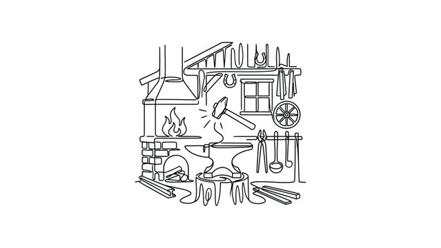 Blacksmith workshop interior with anvil hammer and furnace.