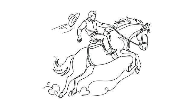 Continuous line art illustration of a cowboy riding a galloping horse.