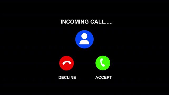 Incoming Call Screen Animation with Accept and Decline Option, Incoming call ring icon on 4K black background. 
