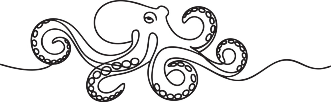 Single continuous line of an octopus with tentacle suckers