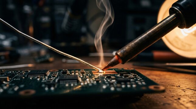 Close up of soldering iron melting solder on a circuit board.