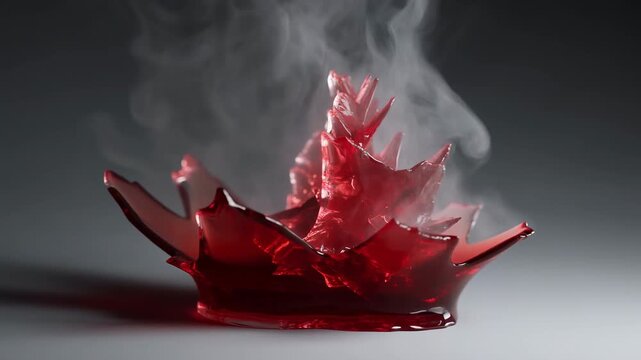 Glossy crimson liquid splash forming crown shape with rising vapor, jagged peaks, curved petals, clinging droplets, reflective highlights, and low-key studio lighting