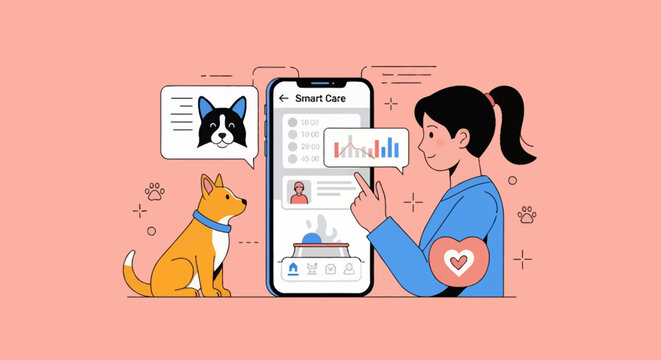 Flat vector illustration of a young woman using a smart pet care mobile application to track health data and feeding schedules for her dog with icons and charts on pink background.