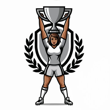 Champion female athlete lifting a silver trophy with laurel wreath
